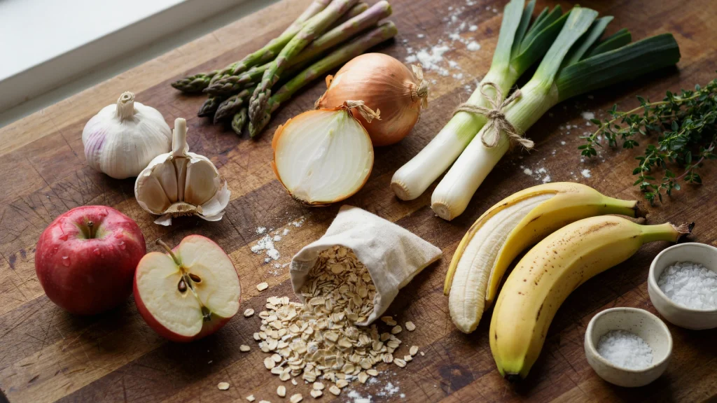30 plants per week gut health: a colorful flat lay of vegetables, fruits, nuts, seeds, and herbs on a white background.