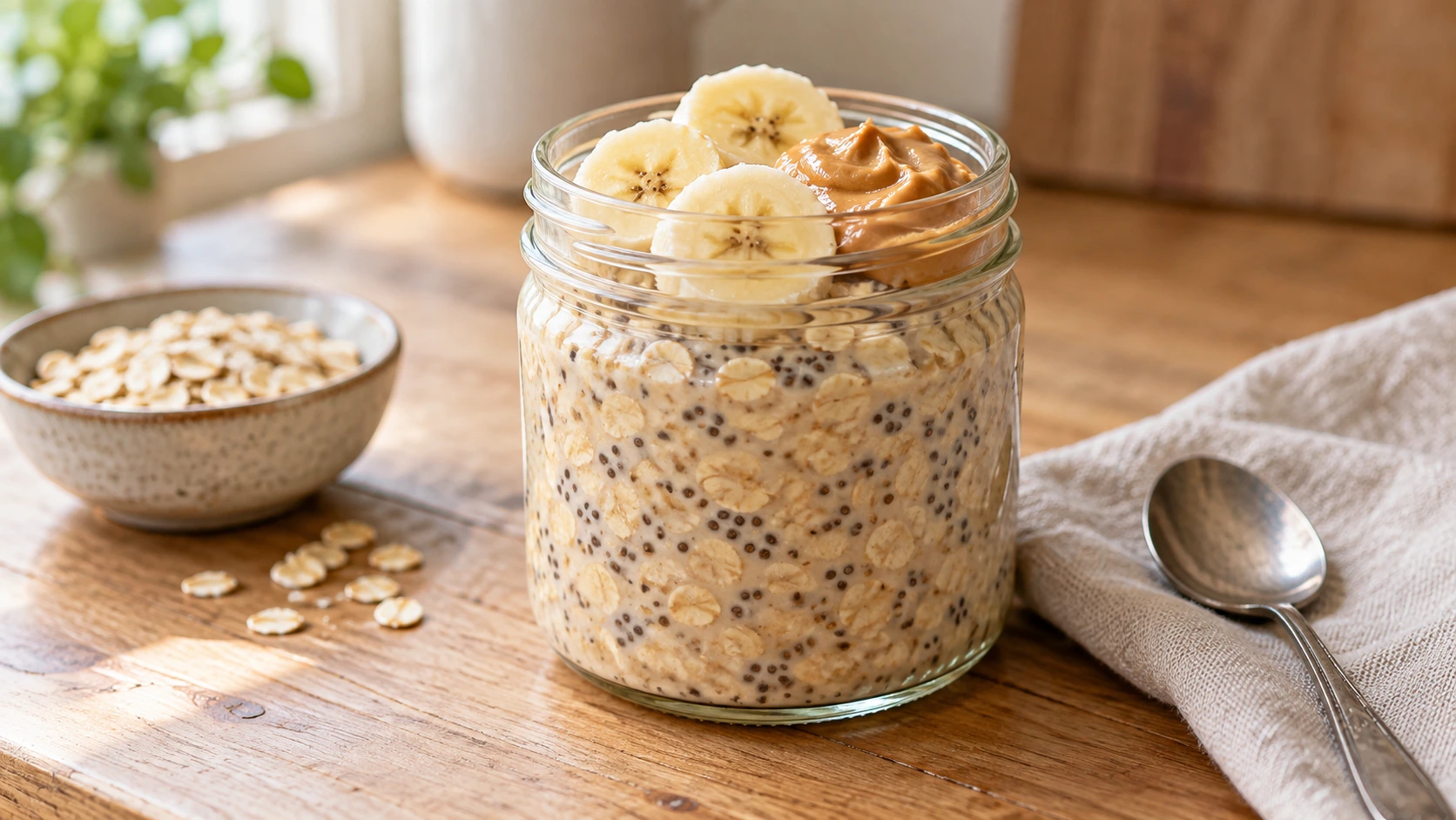Peanut butter chia overnight oats in a glass jar, topped with banana slices and peanut butter.