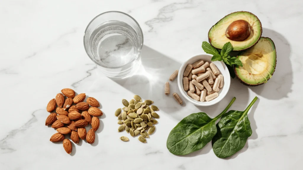 Magnesium supplement benefits: a glass of water, magnesium capsules, and magnesium-rich foods including almonds and spinach on a wooden table.