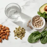 Magnesium supplement benefits: a glass of water, magnesium capsules, and magnesium-rich foods including almonds and spinach on a wooden table.