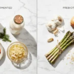 Probiotics vs prebiotics: a split image showing fermented foods like yogurt and kimchi on one side, and prebiotic-rich foods like garlic and oats on the other.