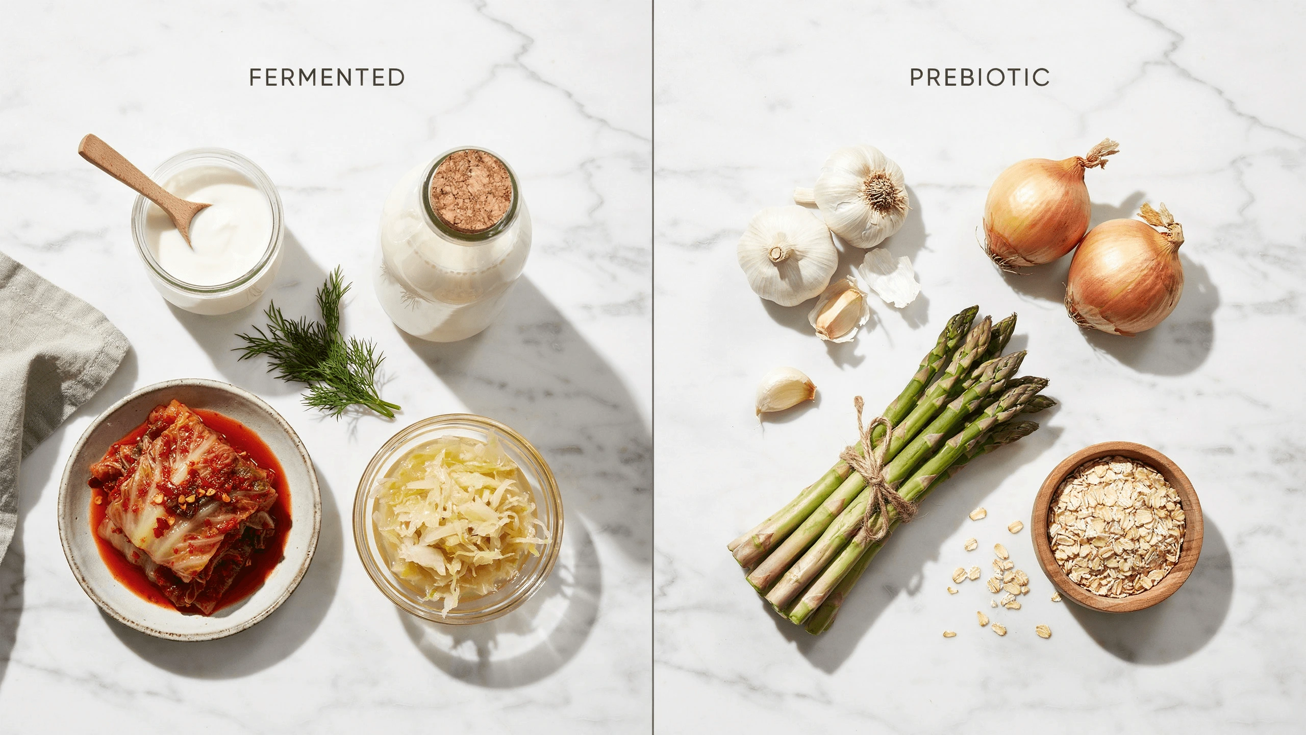 Probiotics vs prebiotics: a split image showing fermented foods like yogurt and kimchi on one side, and prebiotic-rich foods like garlic and oats on the other.