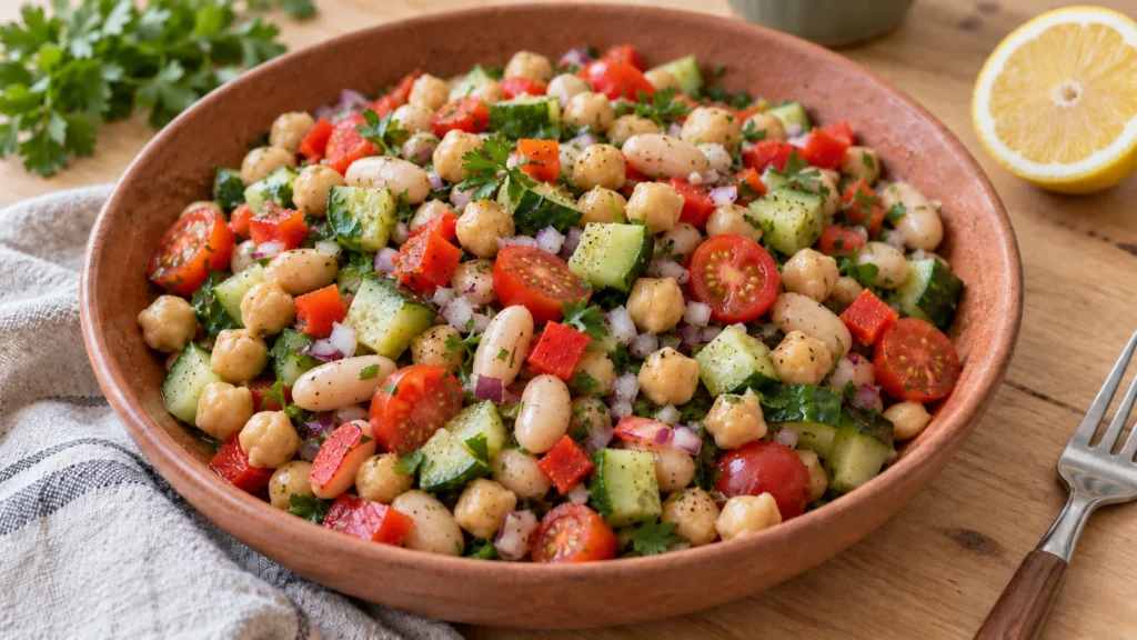 Vegan dense bean salad with chickpeas, white beans, cucumber, tomatoes, red pepper and parsley in a terracotta bowl.