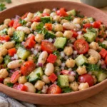 Vegan dense bean salad with chickpeas, white beans, cucumber, tomatoes, red pepper and parsley in a terracotta bowl.