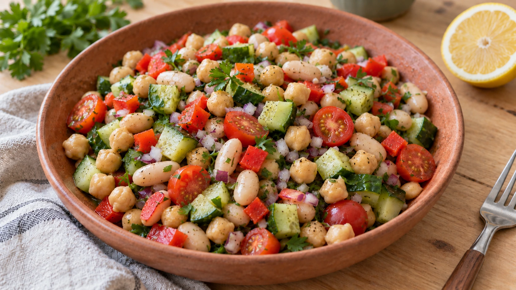 Vegan dense bean salad with chickpeas, white beans, cucumber, tomatoes, red pepper and parsley in a terracotta bowl.