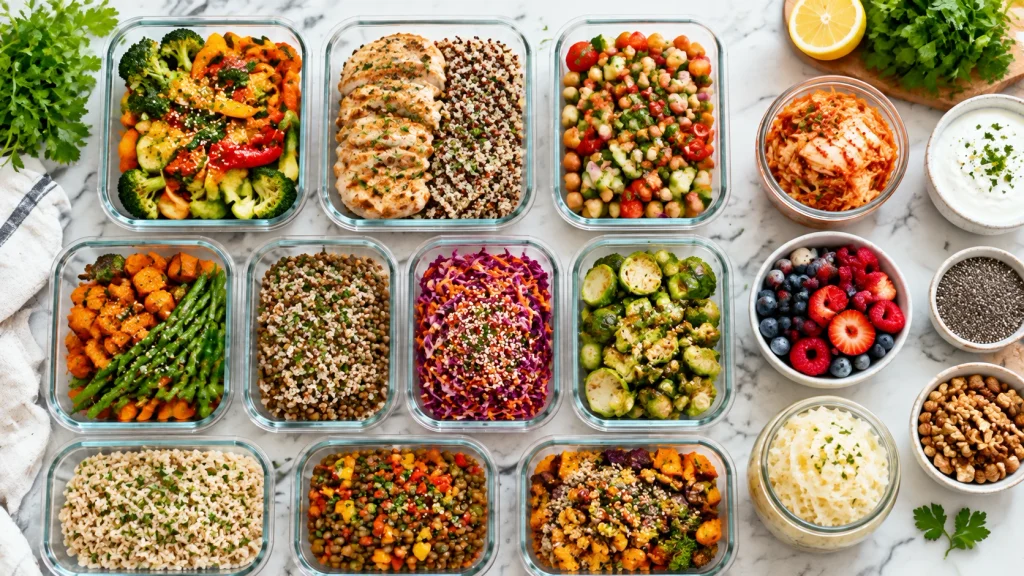 how to improve gut health naturally
Meal prep containers with gut-friendly vegetables, legumes, and fermented foods.
