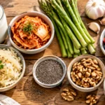 how to improve gut health naturally with colorful foods including kefir, kimchi, asparagus, and berries on a wooden table.