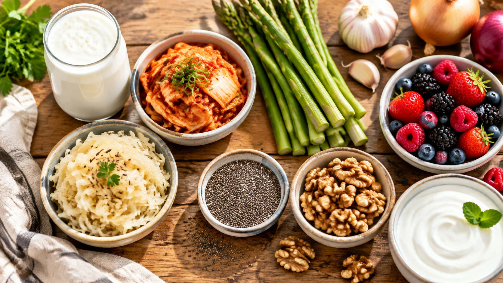 how to improve gut health naturally with colorful foods including kefir, kimchi, asparagus, and berries on a wooden table.