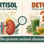 Cortisol detox illustration contrasting adrenal hormone production with juice, tea and supplement claims marked by a question mark.