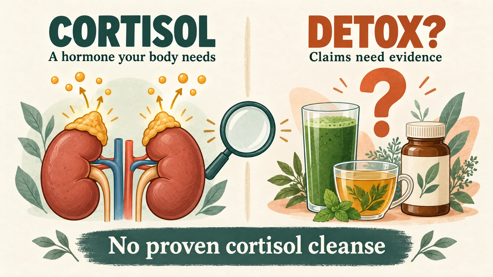 Cortisol detox illustration contrasting adrenal hormone production with juice, tea and supplement claims marked by a question mark.