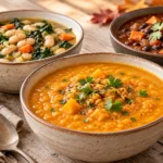 High fiber soup recipes featuring pumpkin lentil, white bean kale, and black bean sweet potato soups in three ceramic bowls.