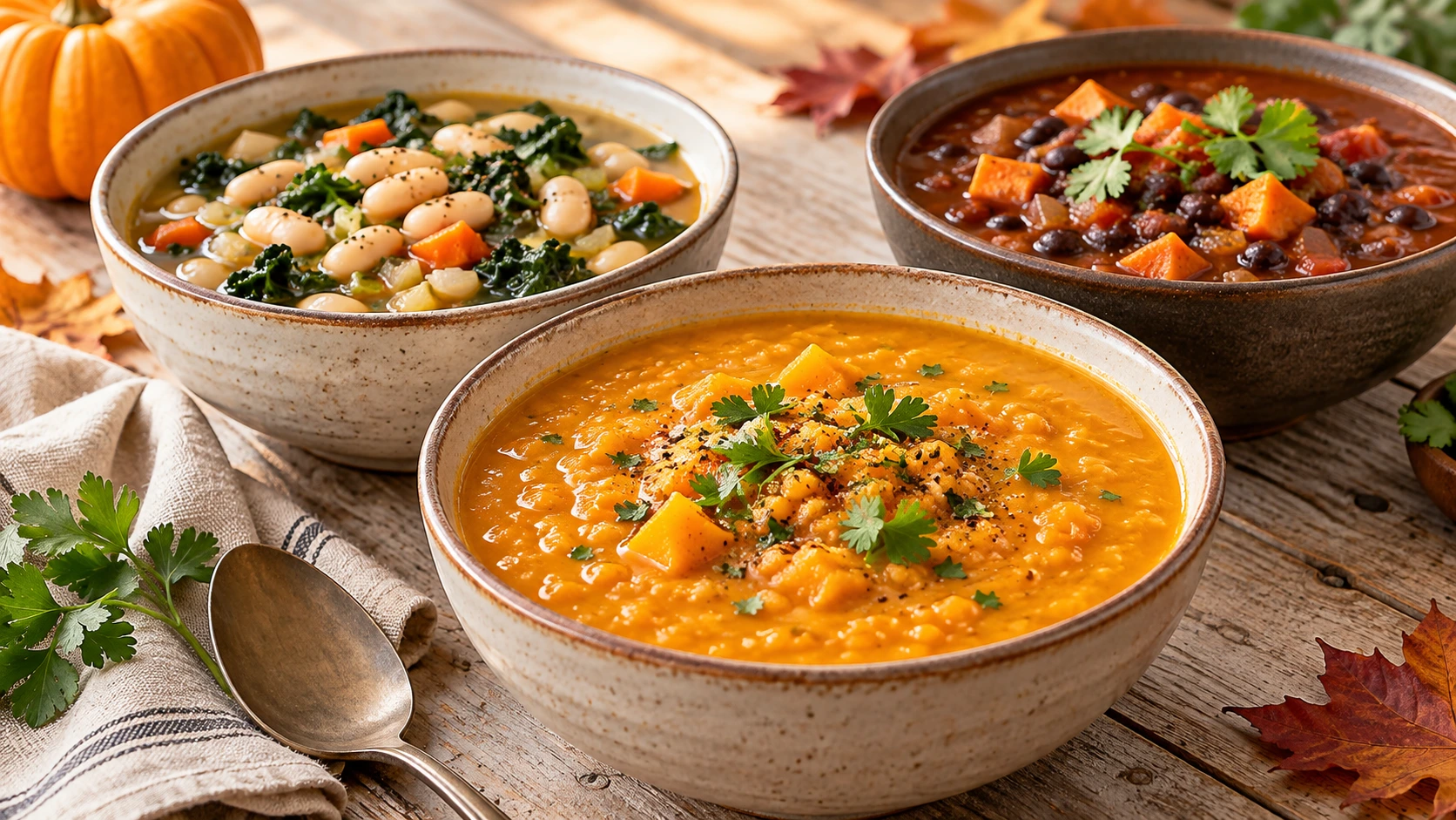 High fiber soup recipes featuring pumpkin lentil, white bean kale, and black bean sweet potato soups in three ceramic bowls.